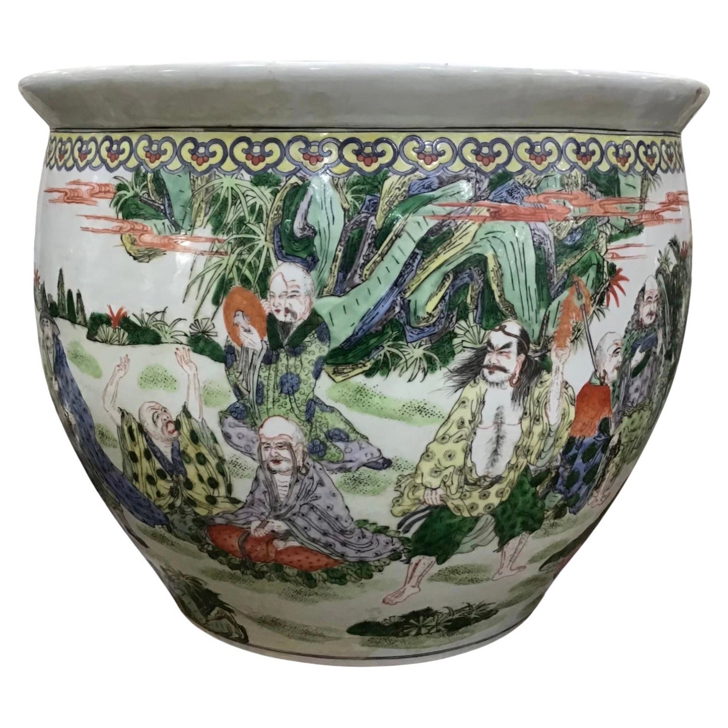 Large Chinese Porcelain Famille Verte Fish Bowl Planter For Sale