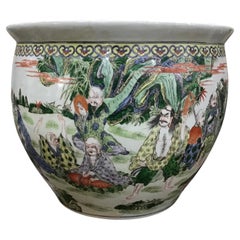 Vintage Large Chinese Porcelain Famille Verte Fish Bowl Planter
