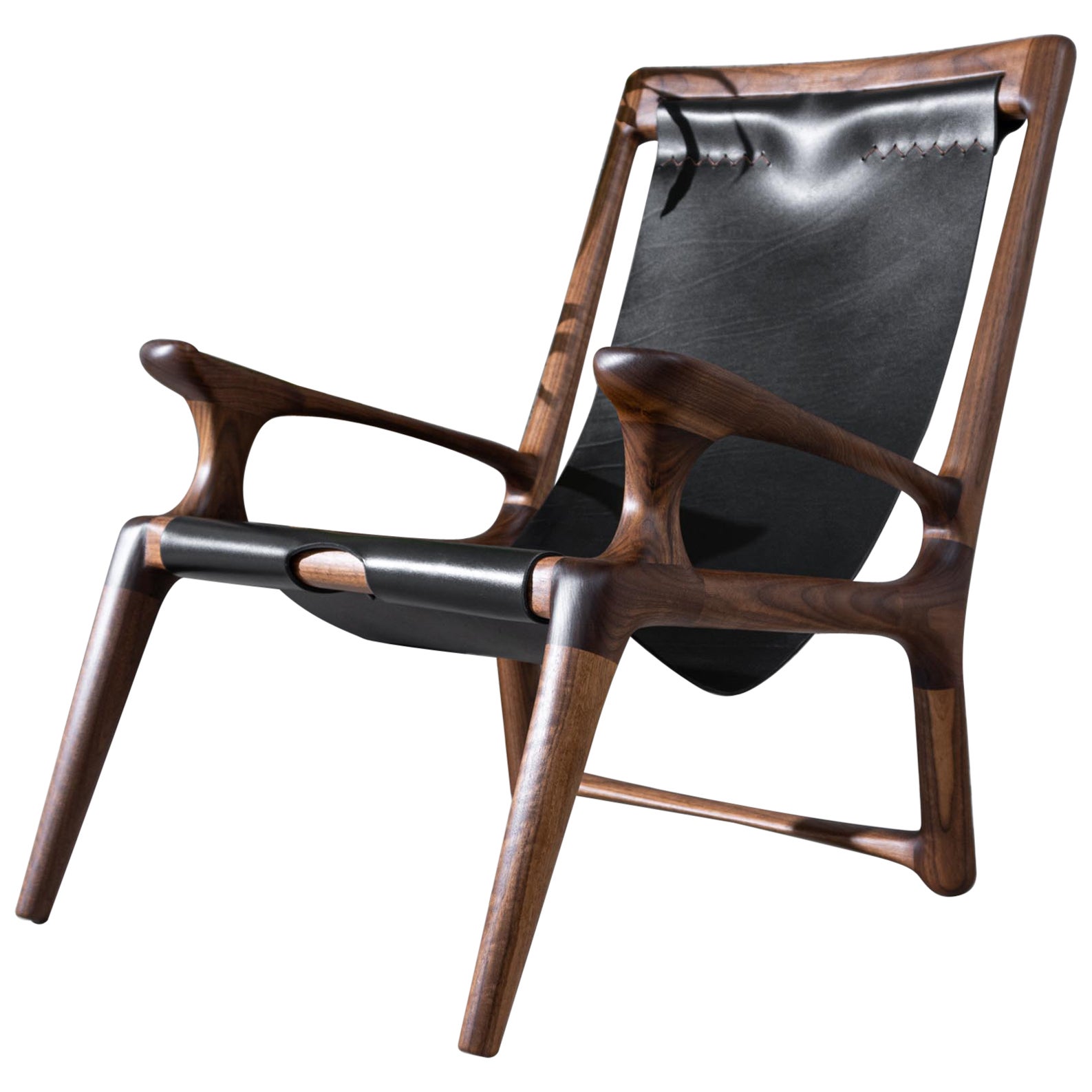 Walnut & Leather Sling Chair Mod 2 by Fernweh Woodworking For Sale