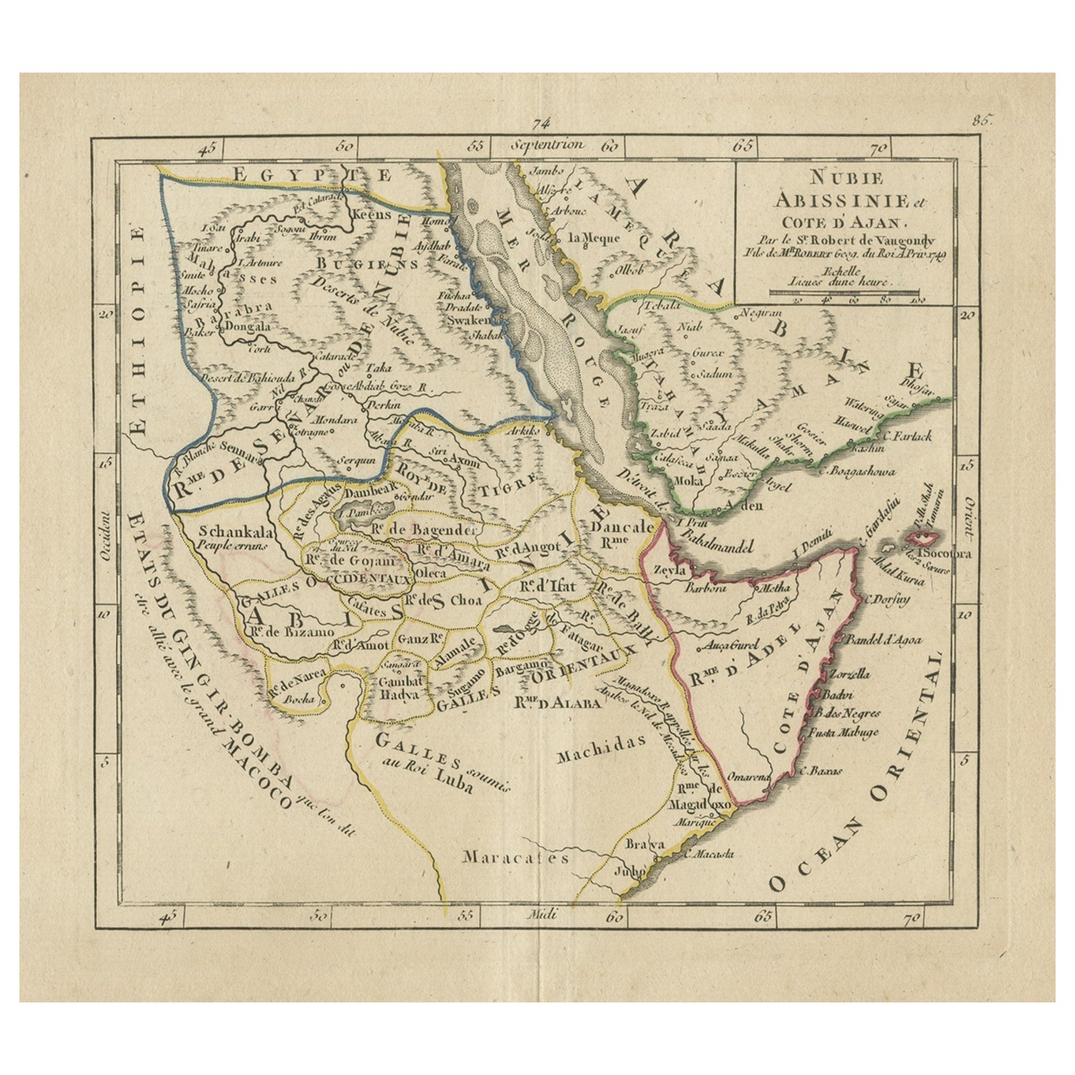 Carte ancienne originale d'Anatolie, du Sudan et de la mer Rouge, 1749