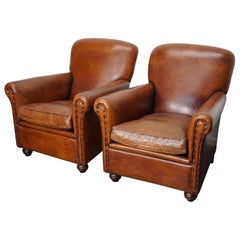 Vintage Dutch Cognac Leather Club Chairs, Set of 2