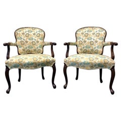 Vintage French Provincial Louis XV Style Fauteuils Open Armchairs - Pair