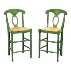 Vintage Distressed Green Painted Barstools with Rush Seats, Pair