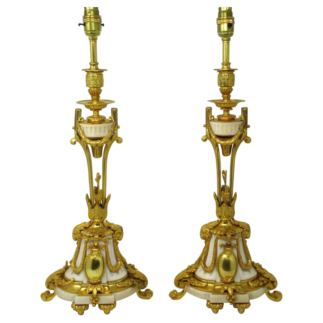 Antique Pair French Regency Grand Tour Ormolu Gilt Bronz Marble Urns Table Lamps