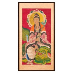 Antique Large Framed Indian 19th Century Painting of Guanyin Sitting on a Dragon