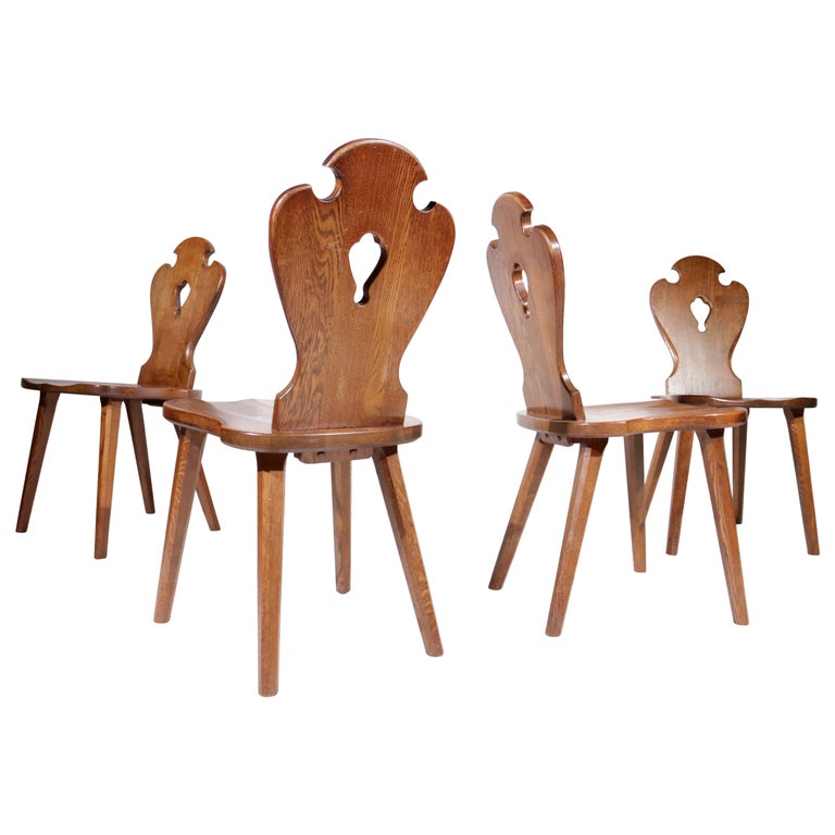 Set of 4 Mid-Century Dutch Brutalist Carved Oak Dining chairs For Sale