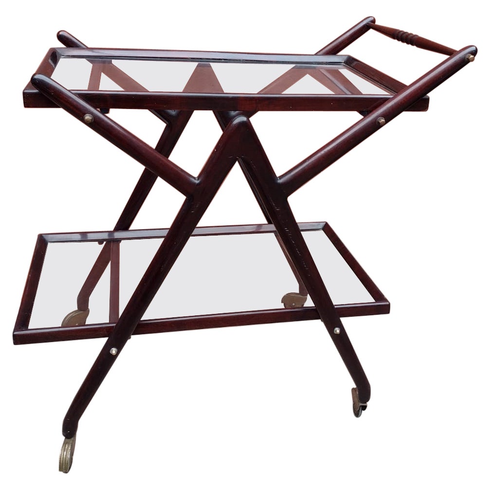 Elegant Wood and Glass Bar Cart Italy, 1950s For Sale
