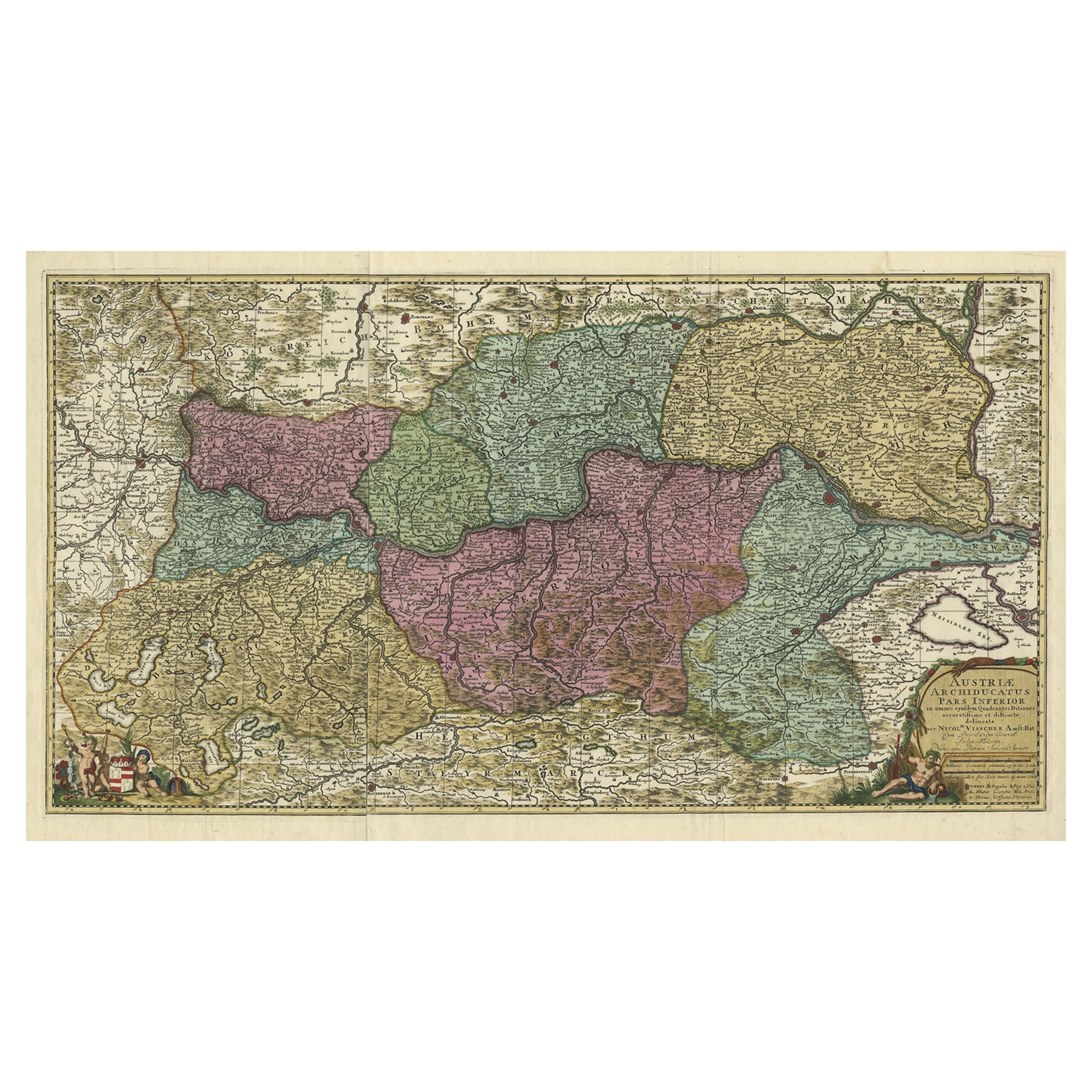 Spectacular Large Map of Upper and Lower Austria between Passau and Wien, c.1700 For Sale