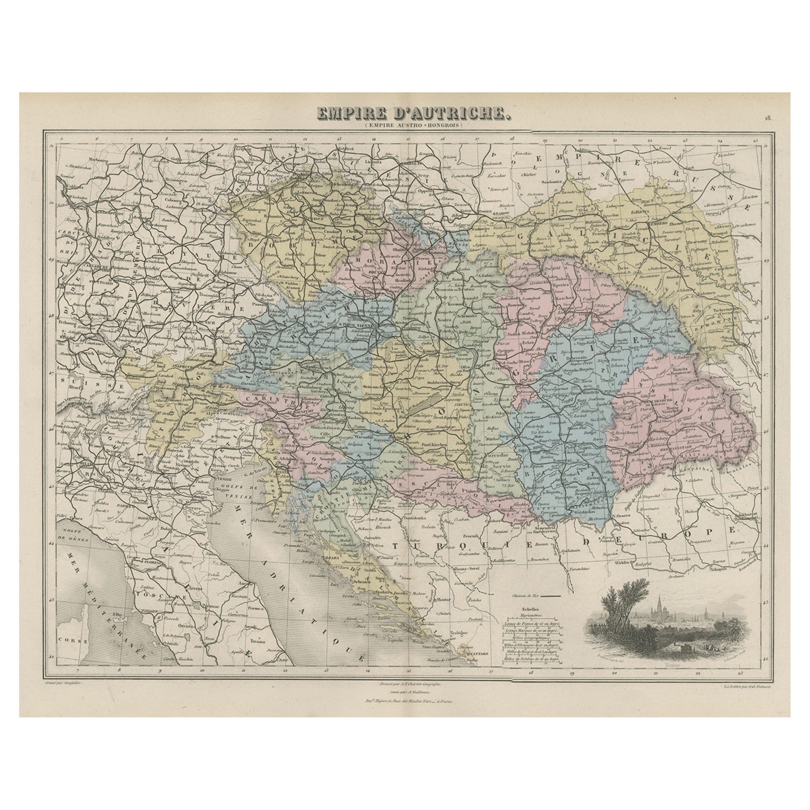 Old Map of the Austrian Empire with Decorative Vignette of Vienna, 1880 For Sale