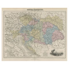 Antique Old Map of the Austrian Empire with Decorative Vignette of Vienna, 1880