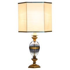 Lampe de table Gabriella Crespi du 20e siècle en laiton, verre et abat-jour en tissu