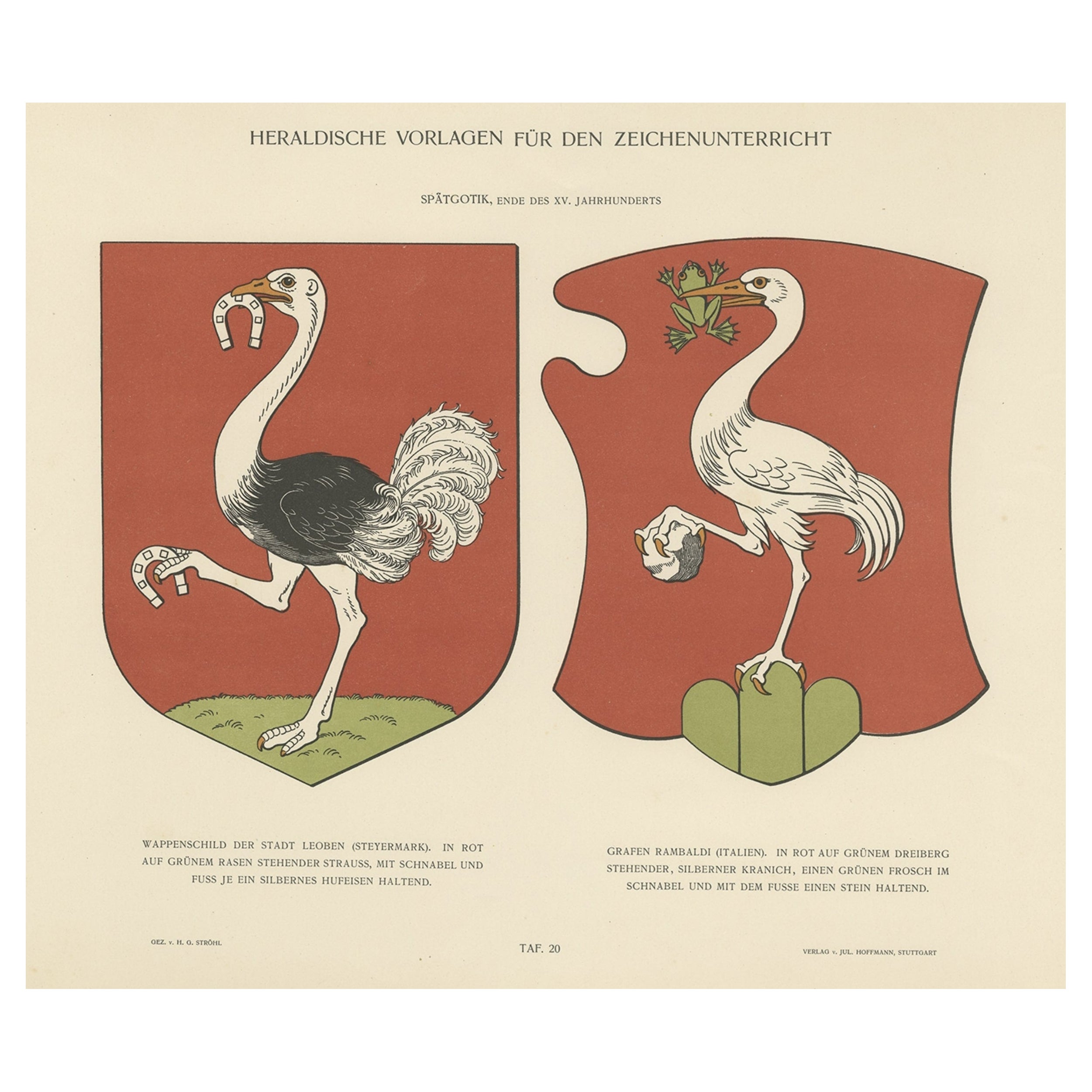 Coat of Arms Print of Leoben, Steiermark, Austria & Count Rambaldi, Italy, 1910 For Sale