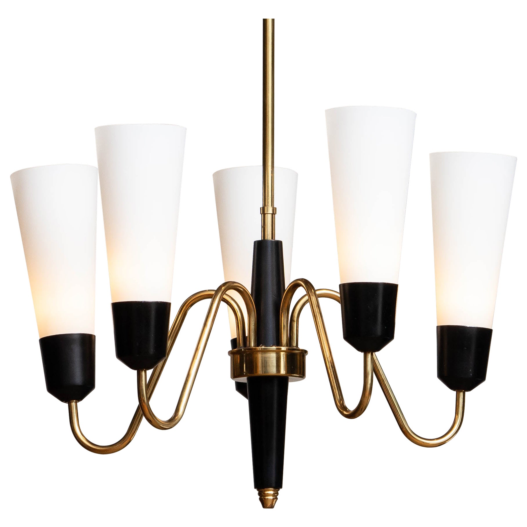1960's Brass and Black Italian Chandelier with Slim White Frosted Glass Vases
