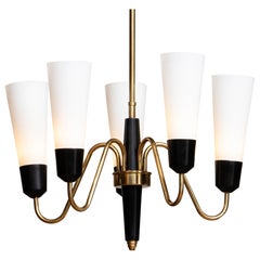 1960's Brass and Black Italian Chandelier with Slim White Frosted Glass Vases