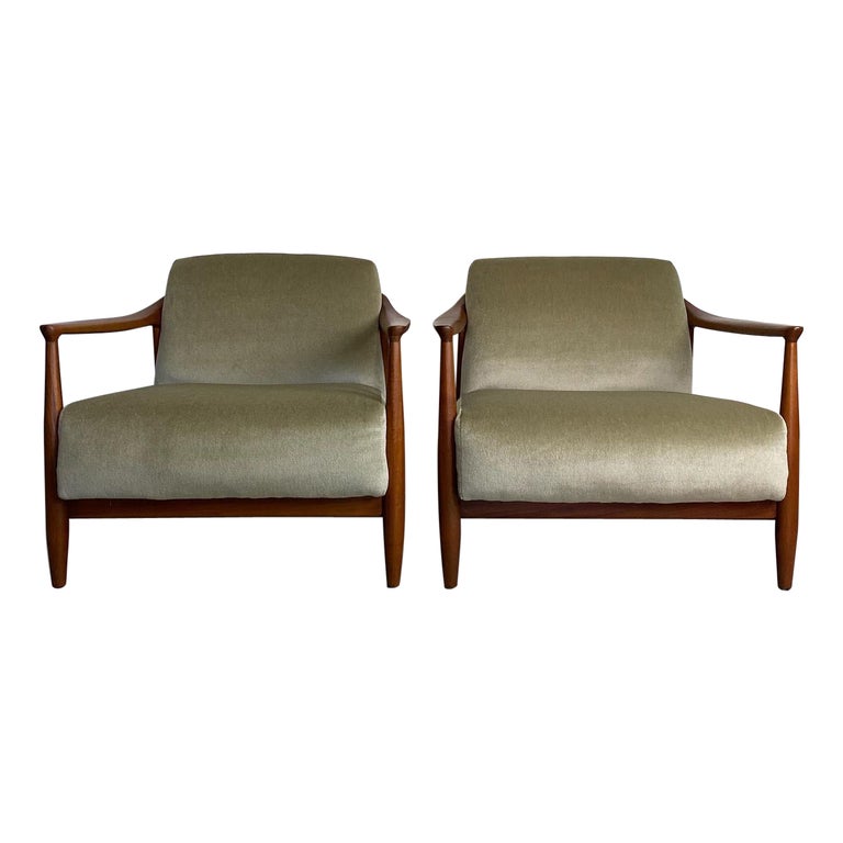 Erwin Lambeth pair of sculpted mahogany and mohair lounge chairs, 1960s, offered by third coast modern