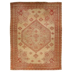 Antique Turkish Oushak Handmade Medallion Designed Tan And Red Oversize Wool Rug