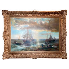 Antique 19th Century Dutch Oil on Canvas "Ships" Painting Signed "Von Der Furt"