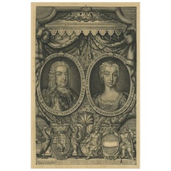 Antiker antiker Druck von Francis I., Heiliger römischer Kaiser und Maria Theresa von Österreich, 1737