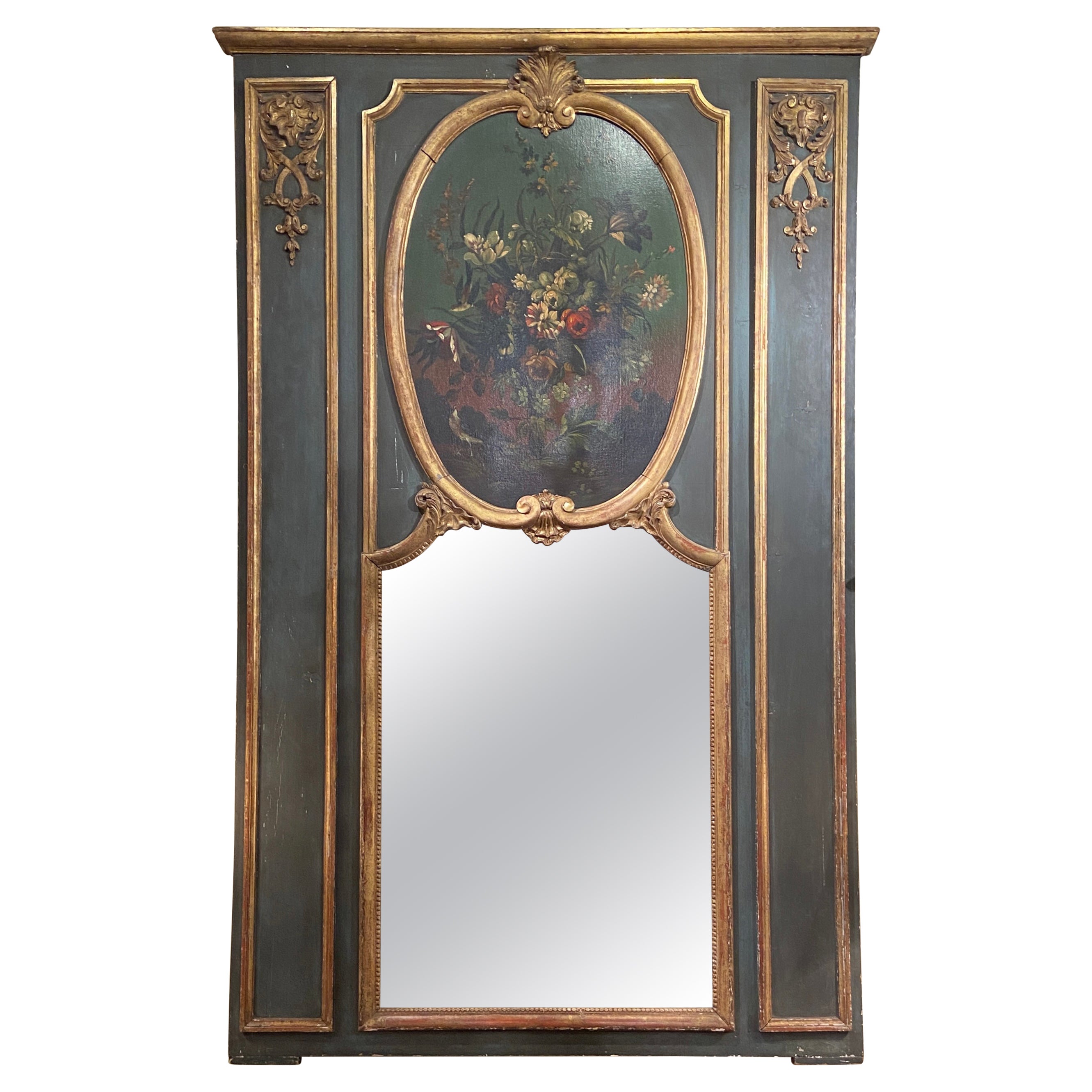 Antiker französischer Trumeau-Spiegel aus geschnitztem und vergoldetem Holz mit Gemälde, um 1890-1910
