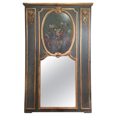 Antiguo Espejo Trumeau Francés de Madera Tallada y Dorada con Pintura Circa 1890-1910