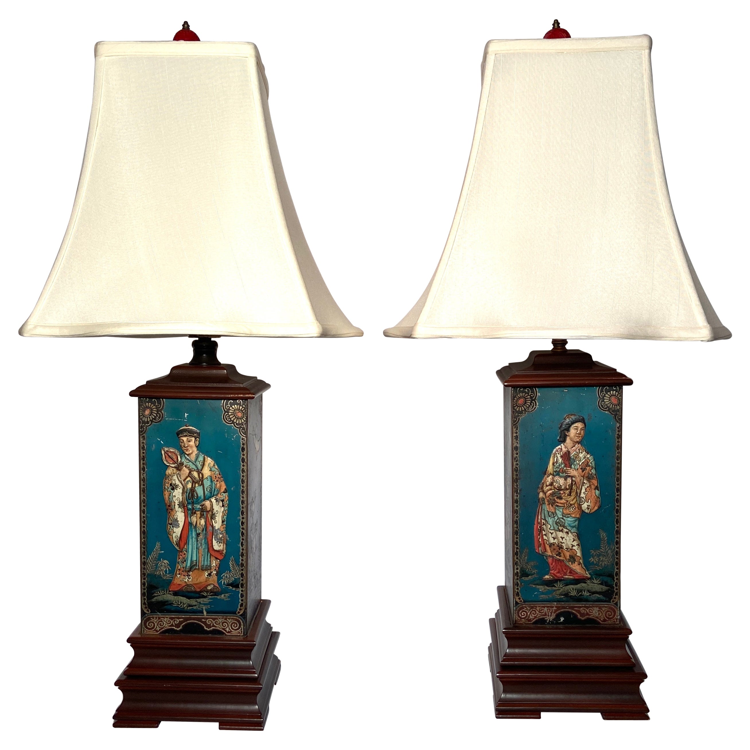 Pair Antique Carved Wood & Tole Lamps with Hand-Painted Chinese Scenes, Ca. 1900 For Sale