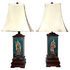 Pair Antique Carved Wood & Tole Lamps with Hand-Painted Chinese Scenes, Ca. 1900