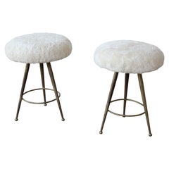 Pair of 1950s Gio Ponti Style Italian Brass Stools Upholstered in Shearling