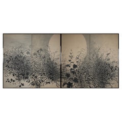 Pair of Japanese Two Panel Screens Moon Rising Through Autumn Grasses