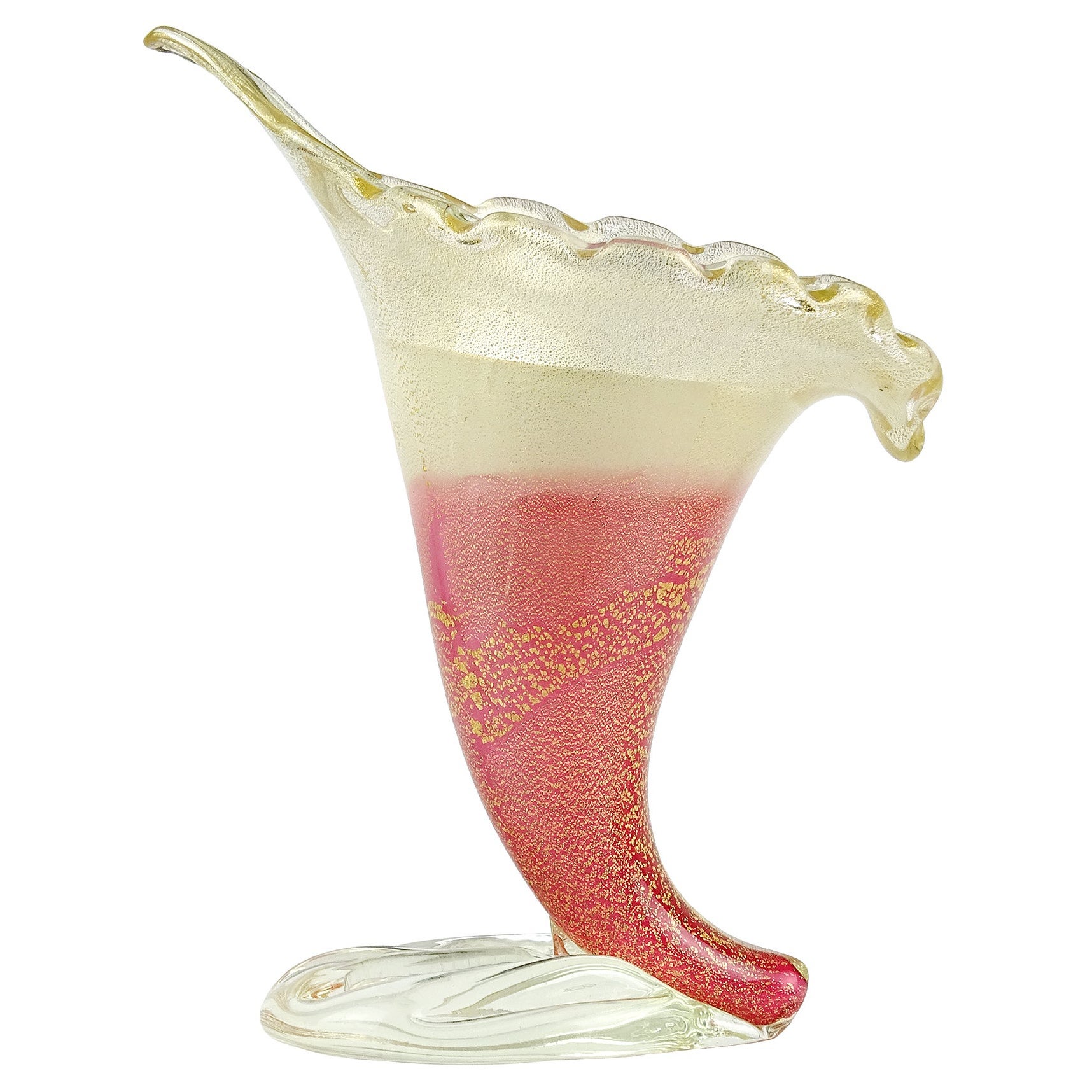 Dino Martens - Vase à fleurs en verre d'art italien de Murano avec mouchetures dorées et roses et blanches