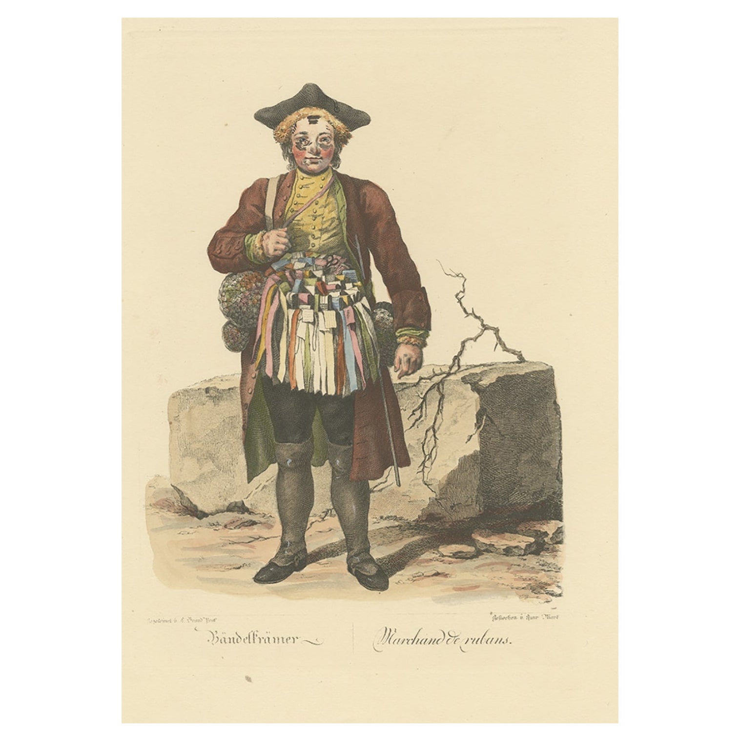 Seltener alter Berufsdruck mit der Darstellung eines Schleifenhändlers, wahrscheinlich in Österreich, 1775