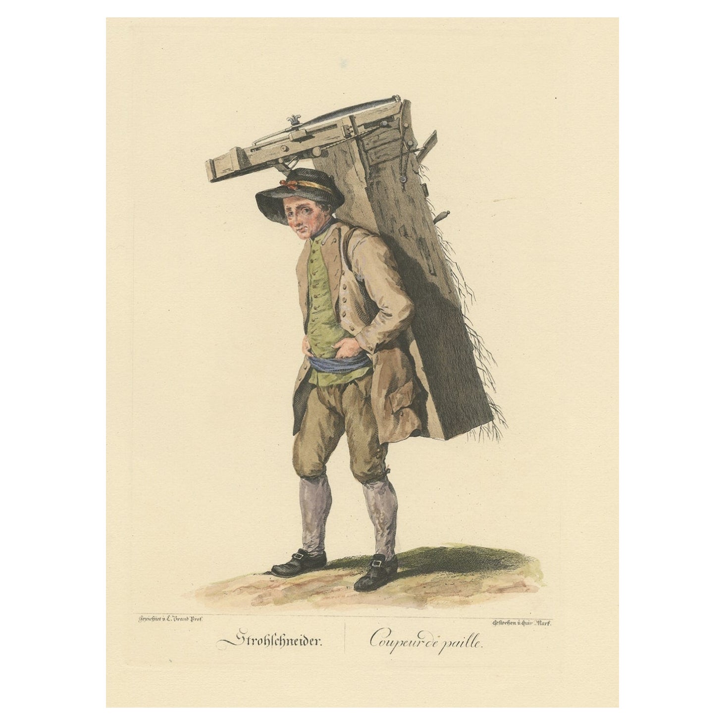 Rare Old Profession Print Depicting a Straw Cutter, Likely in Austria, 1775 For Sale