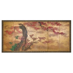 Japanese Six Panel Screen Red Maple on Mulberry Paper