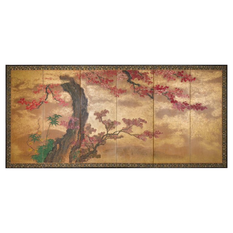 Japanese Six Panel Screen Red Maple on Mulberry Paper For Sale