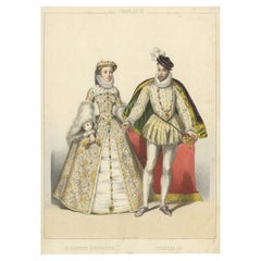 Lithographie originale d'Elisabeth d'Autriche et de Charles ix, publiée vers 1850
