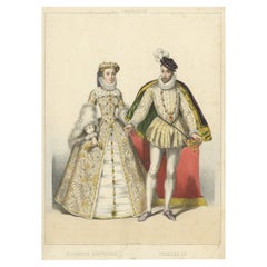 Original Lithograph of Elisabeth of Austria & Charles ix, Published Around 1850