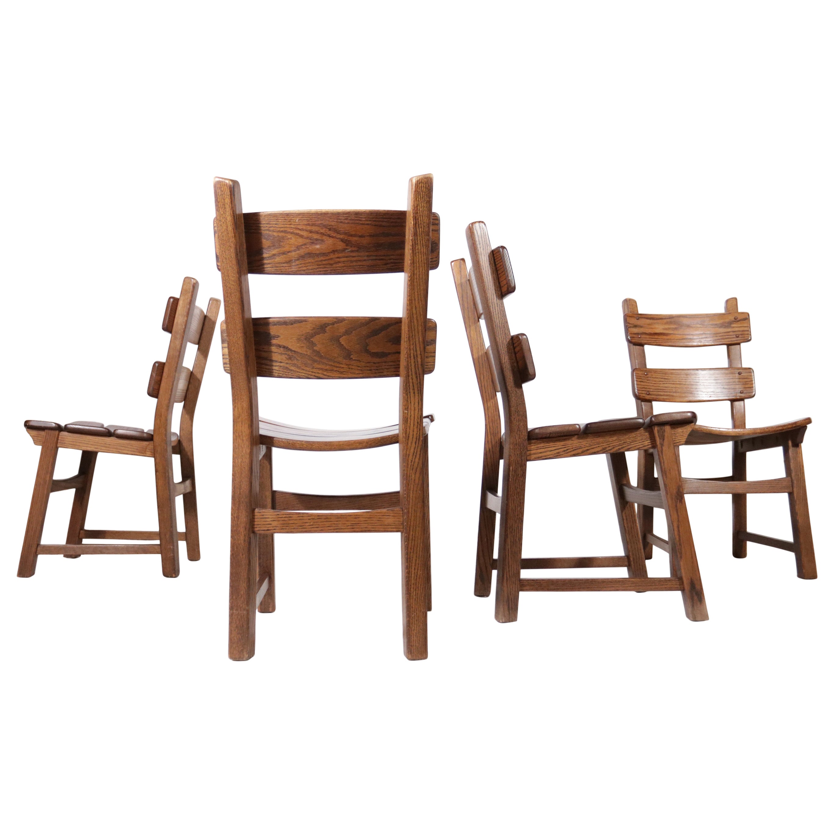 Set of 4 Dutch Brutalist Style Oak Ladder Back Dining Chairs