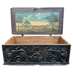 Antique 18th Century Carved and Ebonised Wood Document Box with Hunt Scene Painting