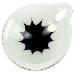 Vintage Scandinavian White Black Star Design Pierced Handle Art Glass Decorative Bowl