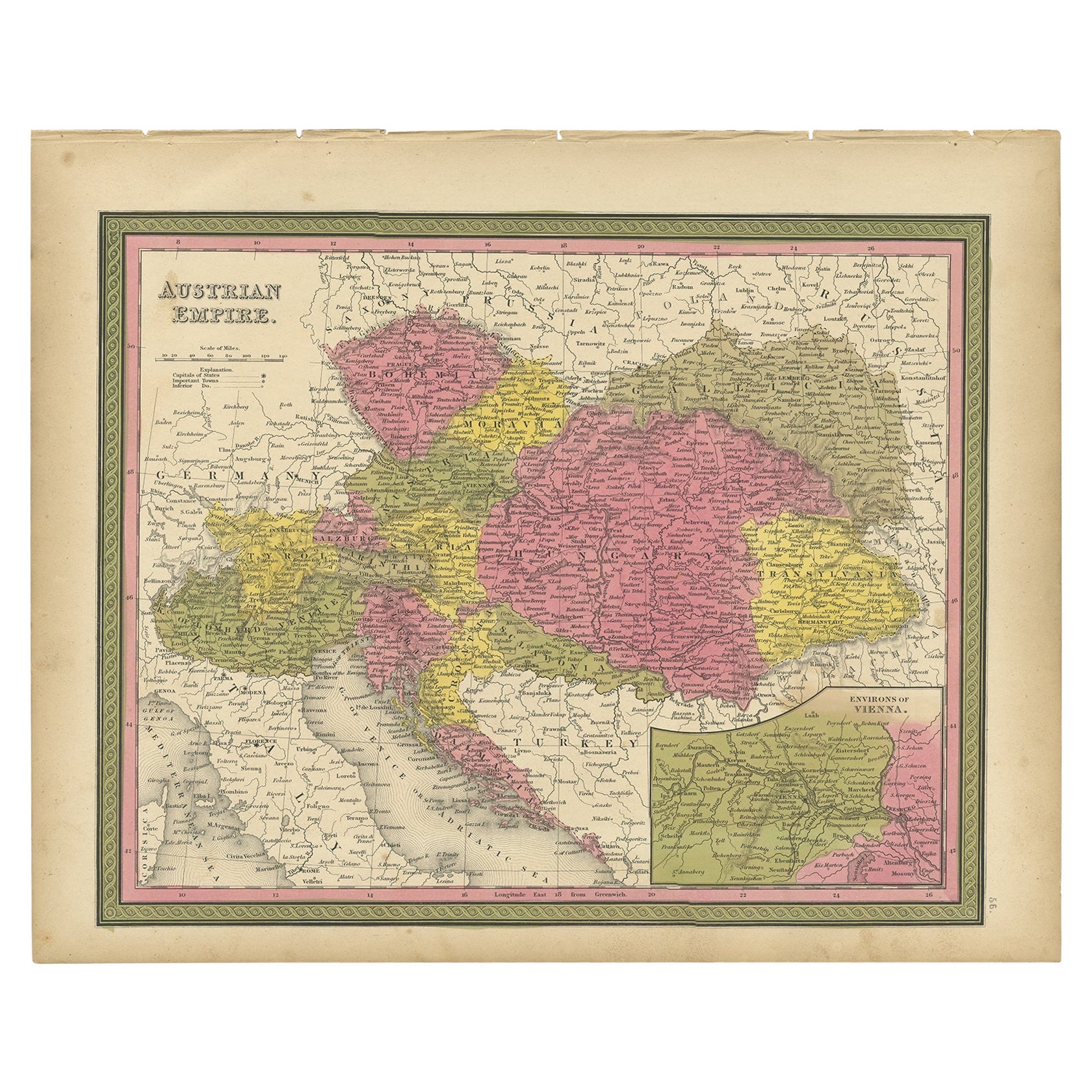 Colourful Old Map of the Austrian Empire, with an Inset Map of Vienna, 1846 For Sale