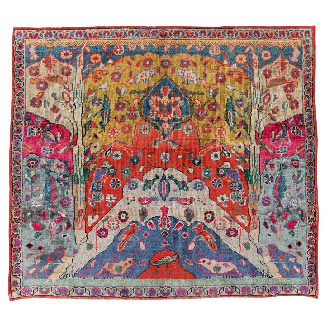 Colorful Mid-20th Century Handmade Persian Pictorial Tabriz Square Throw Rug