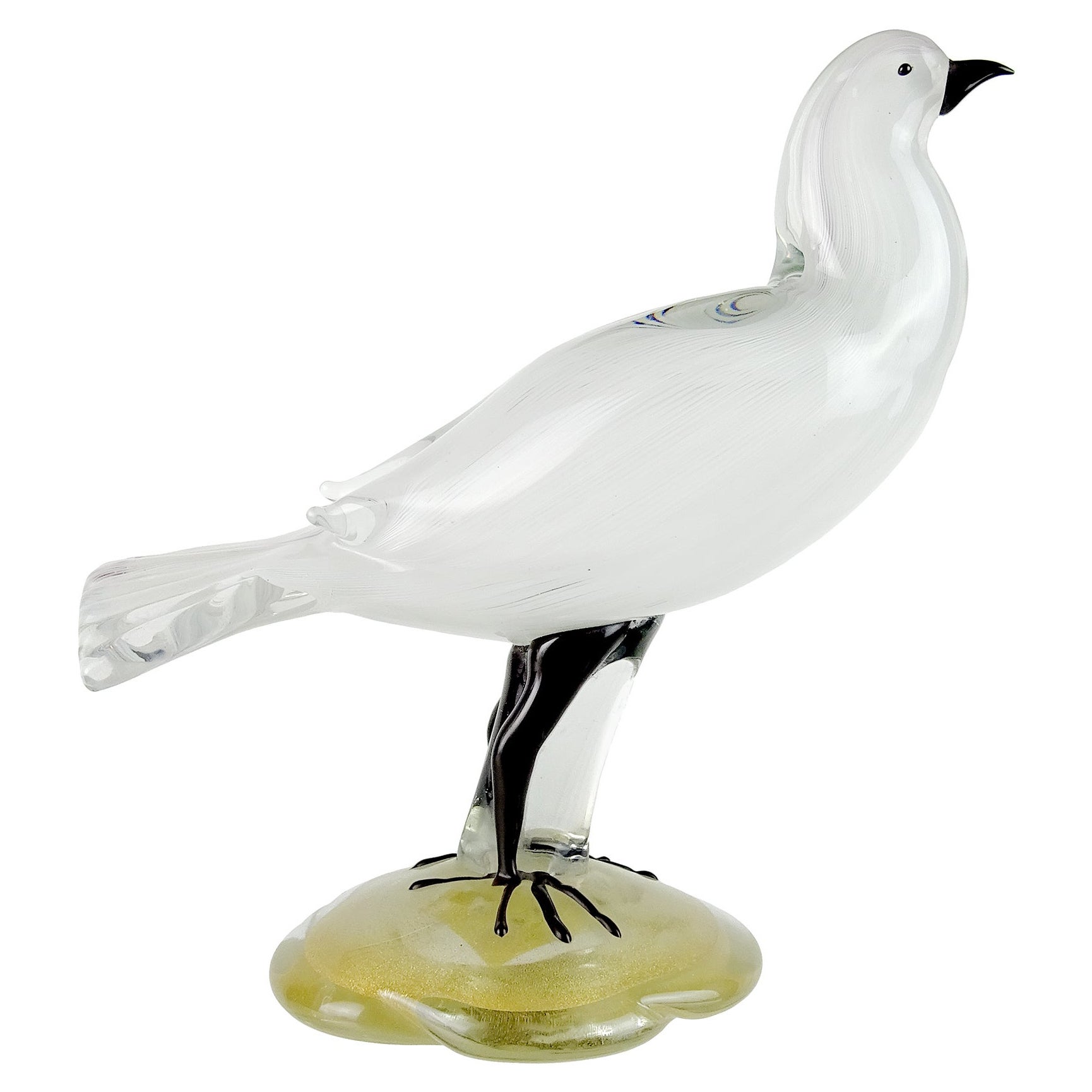 Barbini Salviati Murano White Ribbons Gold Base Italian Art Glass Bird Sculpture