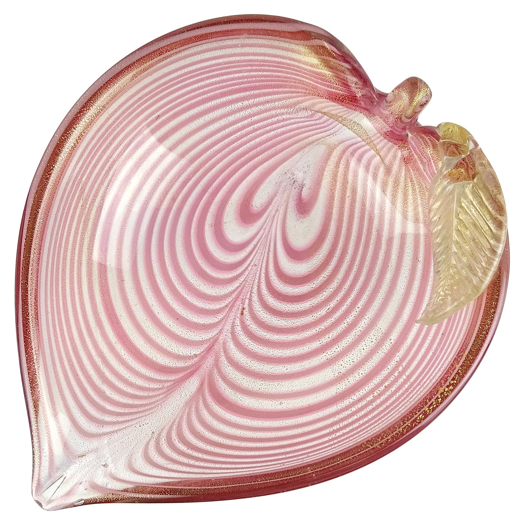 Murano Pink Fenicio Pulled Feather Gold Flecks Italian Art Glass Leaf Shape Bowl For Sale