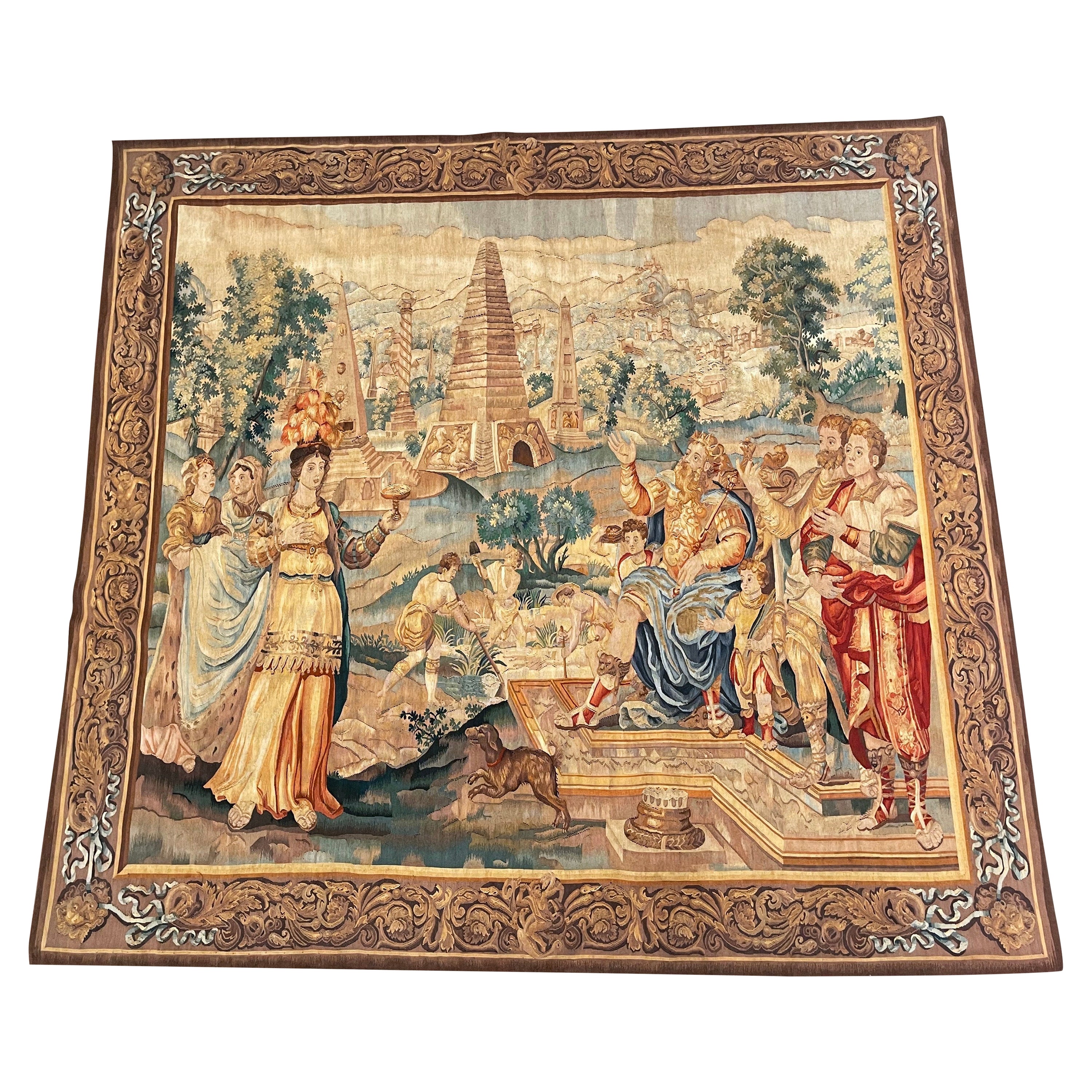 Mid-Century Flemish Handwoven Biblical Tapestry with Esther and Ahasuerus