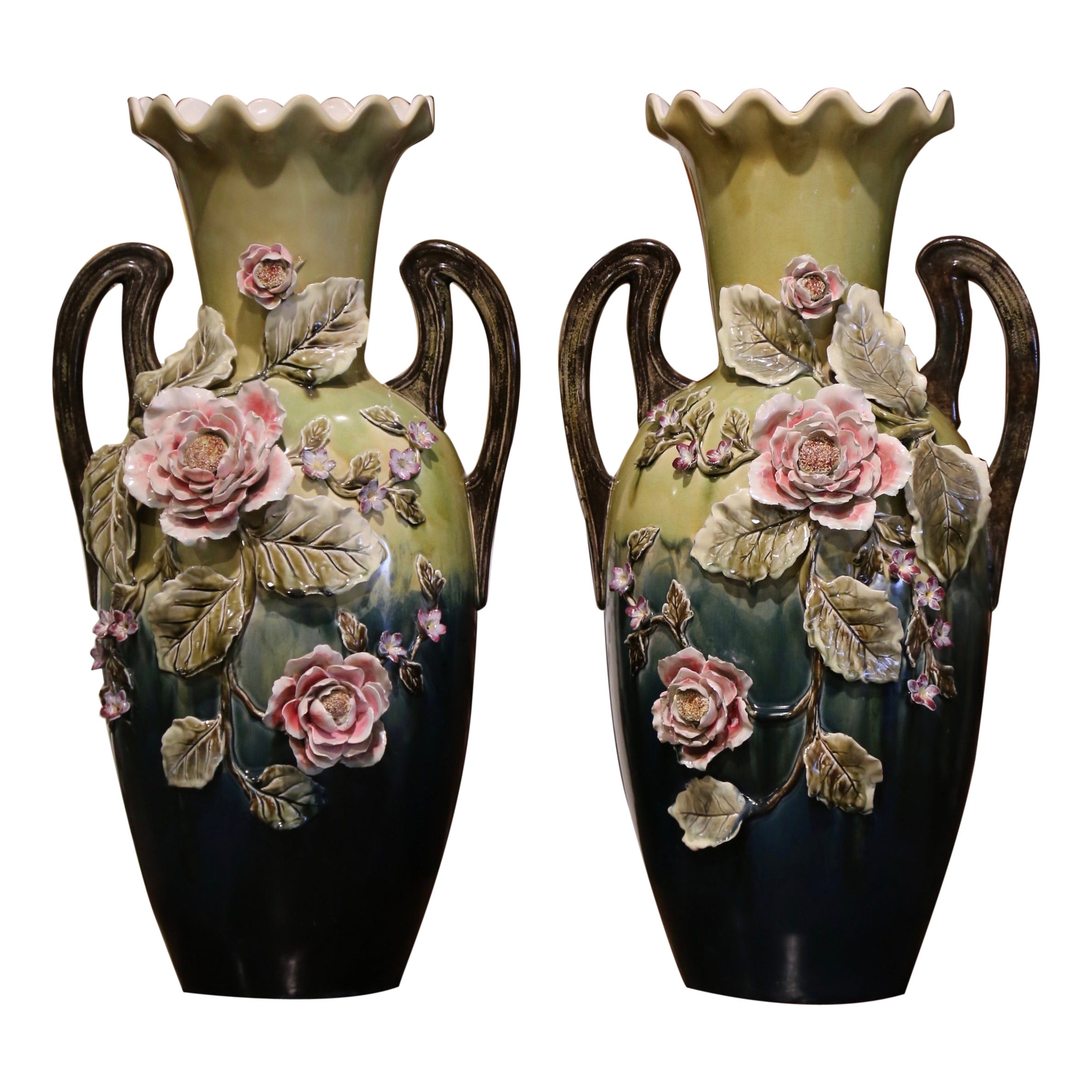Pair of Mid-Century French Painted Ceramic Barbotine Vases with Floral Motifs