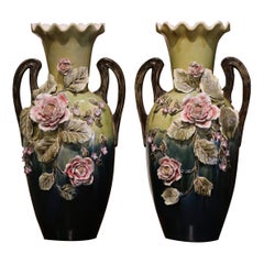 Retro Pair of Mid-Century French Painted Ceramic Barbotine Vases with Floral Motifs