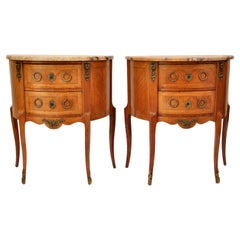 Pair Antique French Louis XVI Walnut Marble & Ormolu Side Tables Cabinets, 1880