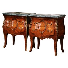 Vintage Pair of Louis XV Marble Top Marquetry Inlaid Walnut and Bronze Bombe Nightstands