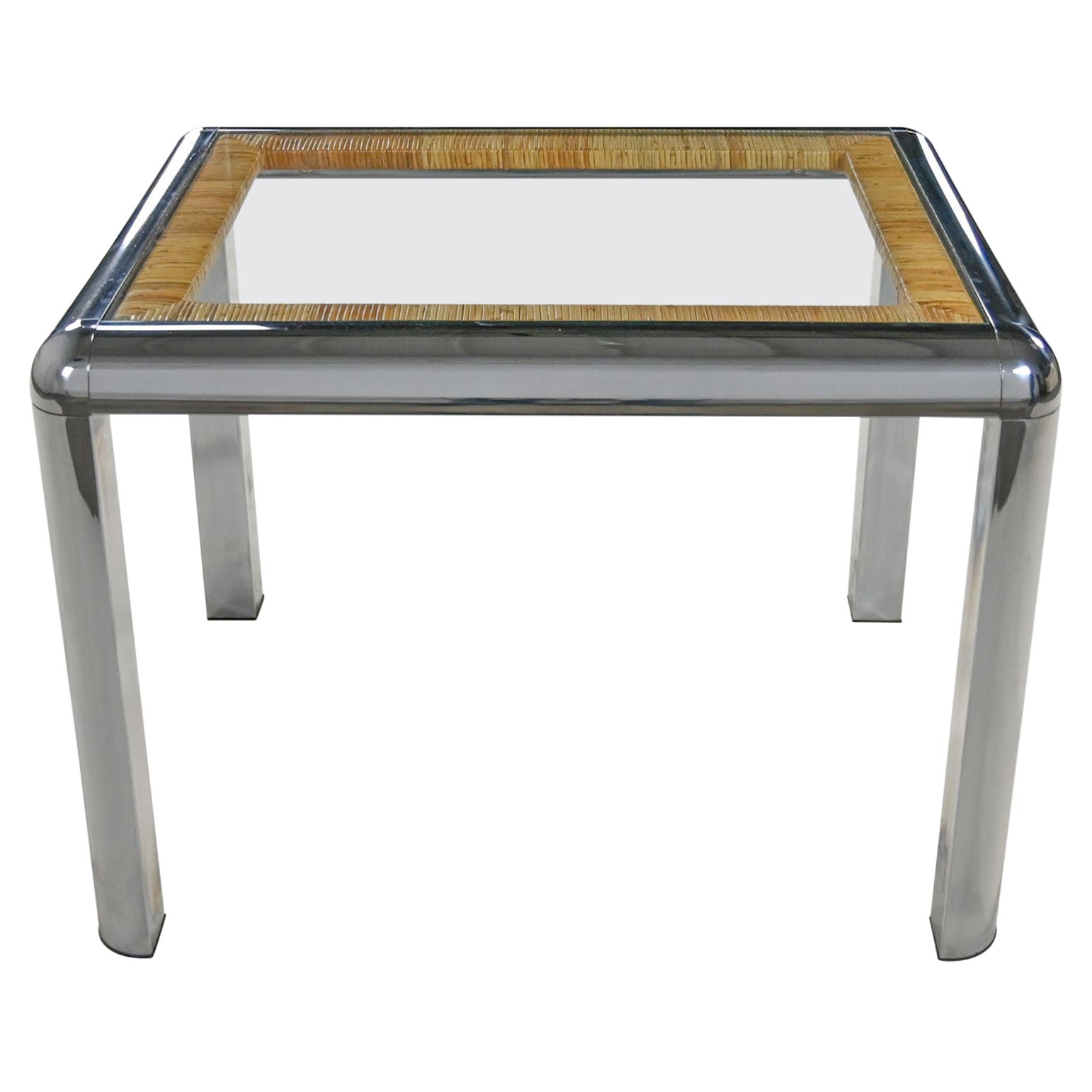 Vintage Modern Rectangular Chrome Glass & Wrapped Rattan Side Table Attr to DIA For Sale