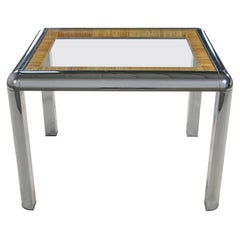 Vintage Modern Rectangular Chrome Glass & Wrapped Rattan Side Table Attr to DIA