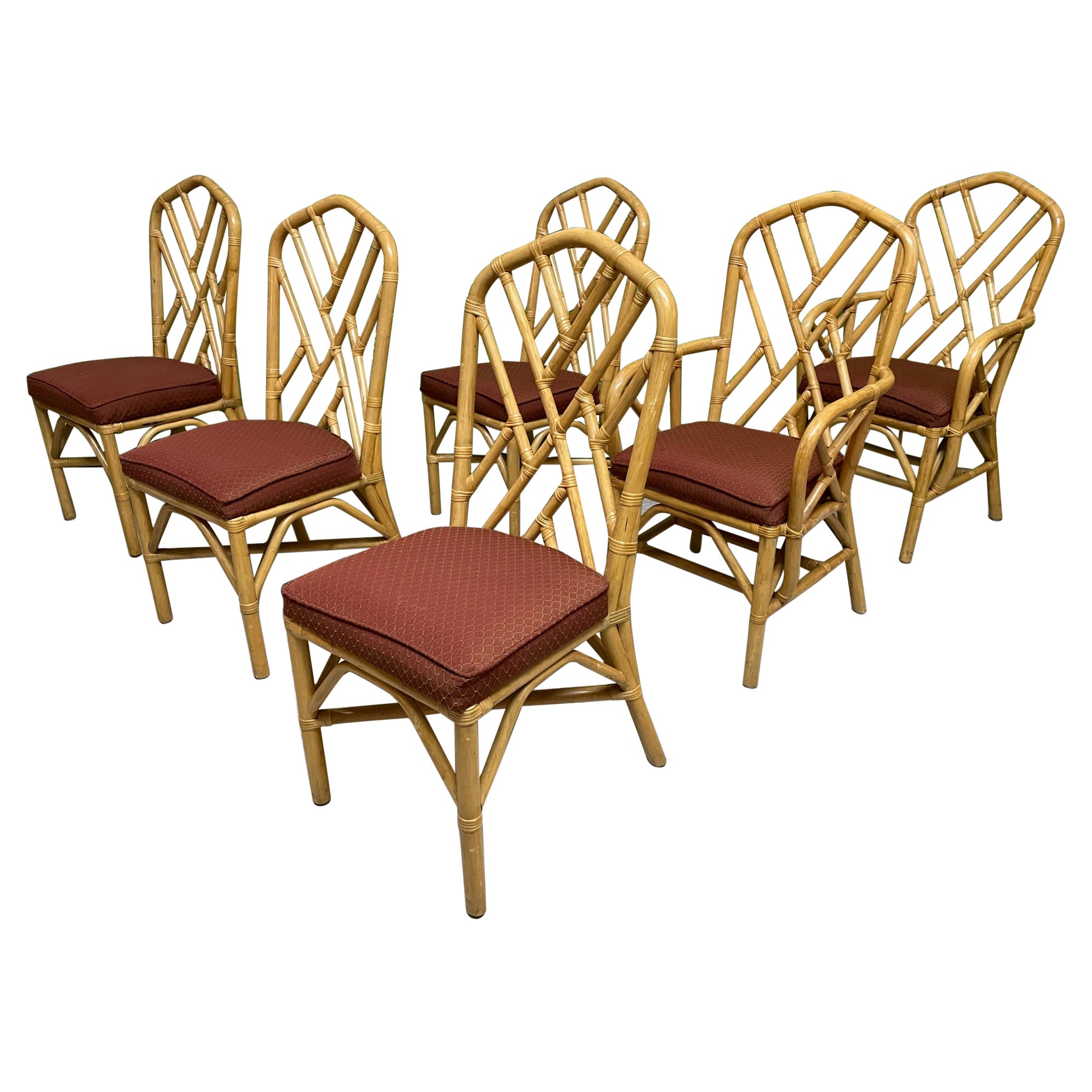 Rattan Chinese Chippendale Style Dining Chairs, Set of 6